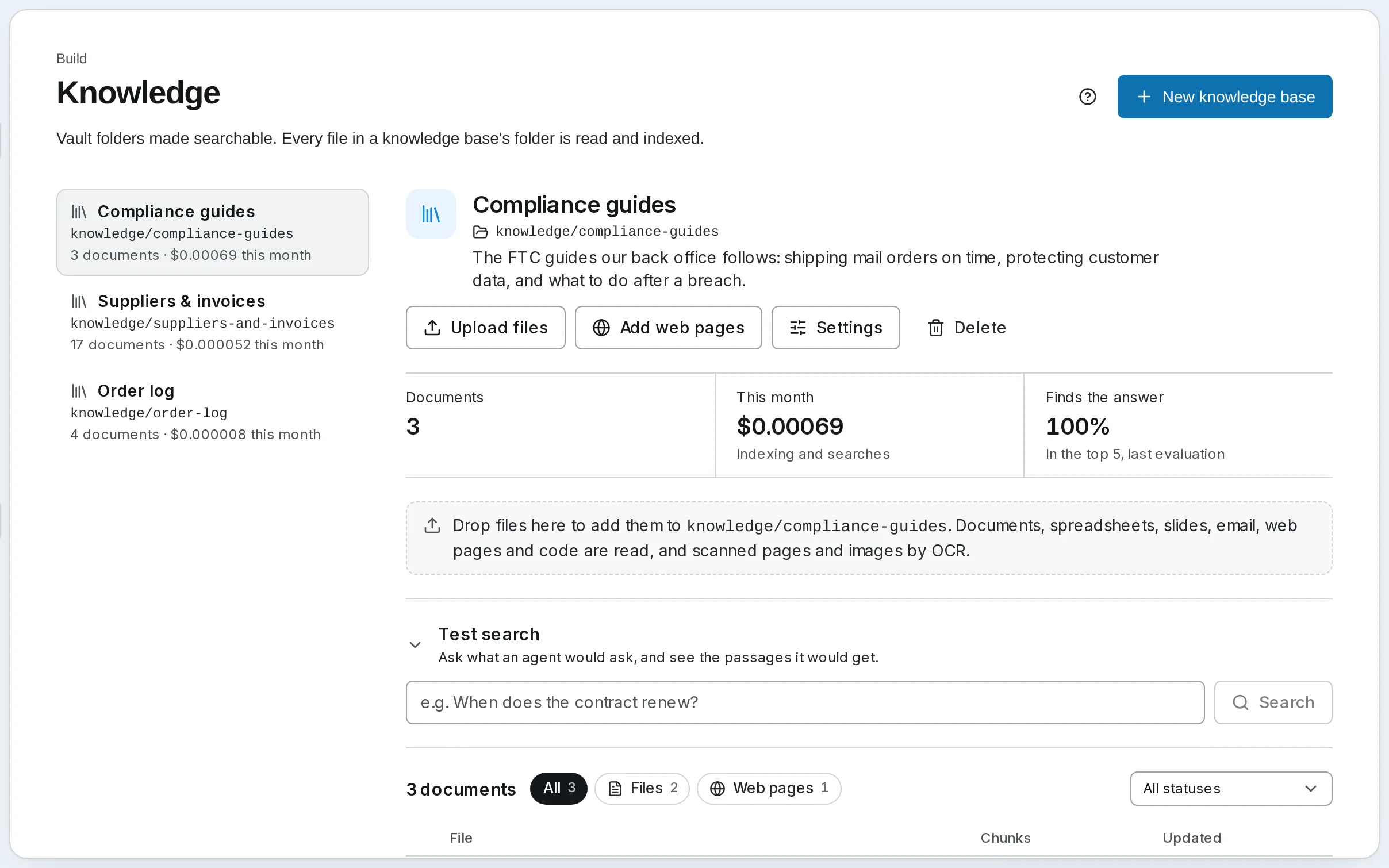 The Knowledge page: three knowledge bases on the left, and Compliance guides open with its web source, its search, cost and evaluation sections, and its documents.
