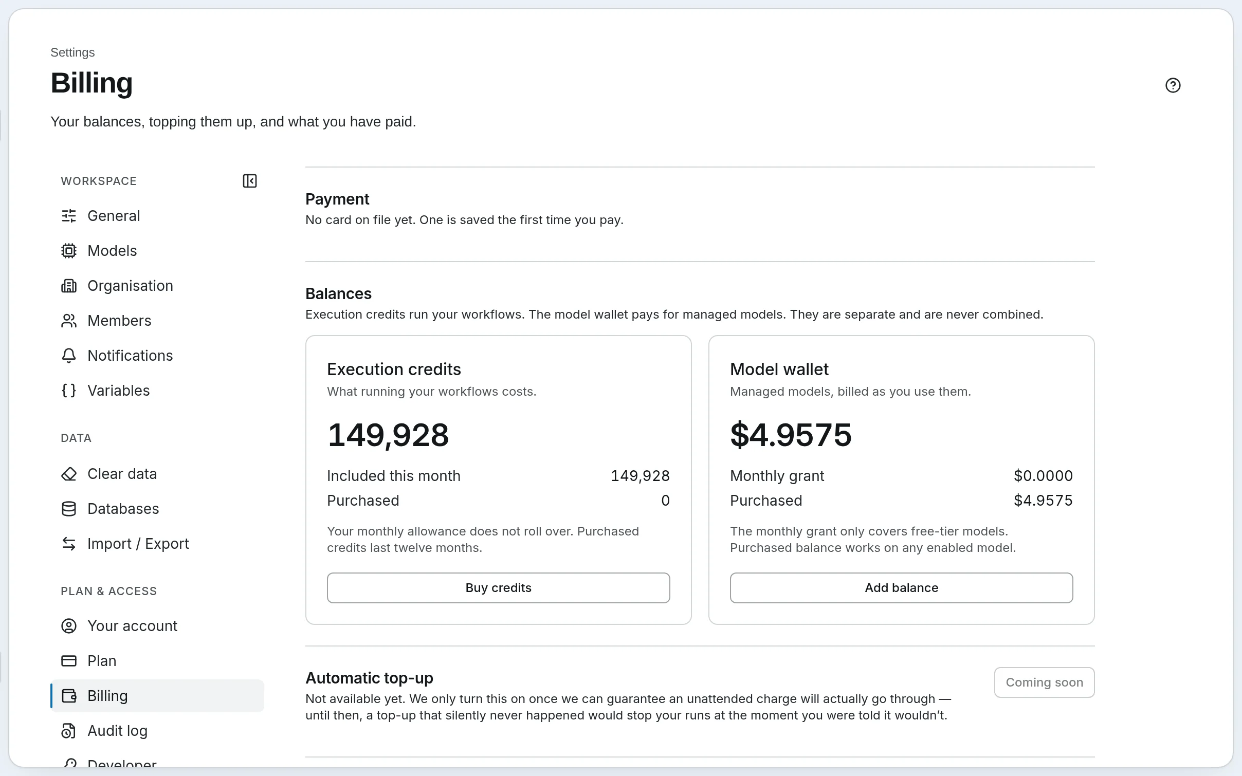Settings, Billing: execution credits and the model wallet, automatic top-up, and credit history.