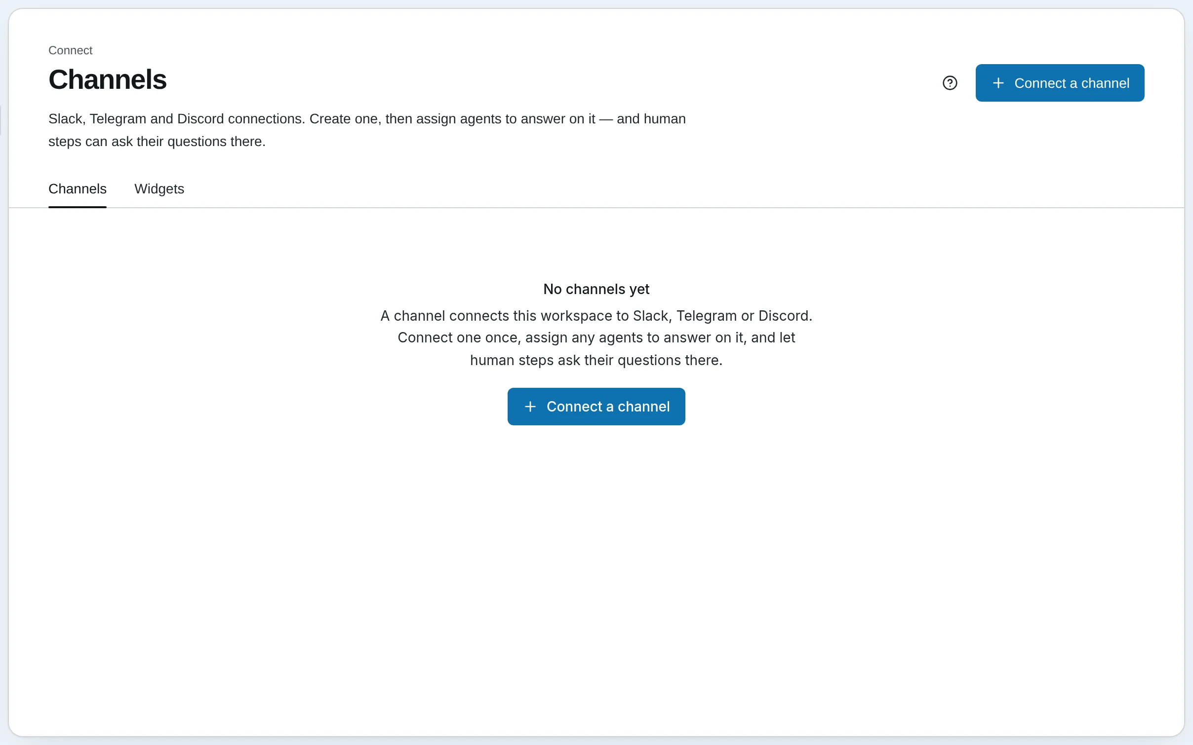 The Channels page before any channel is connected: connect Slack, Telegram or Discord, then assign agents to answer there. Widgets is a tab beside it.