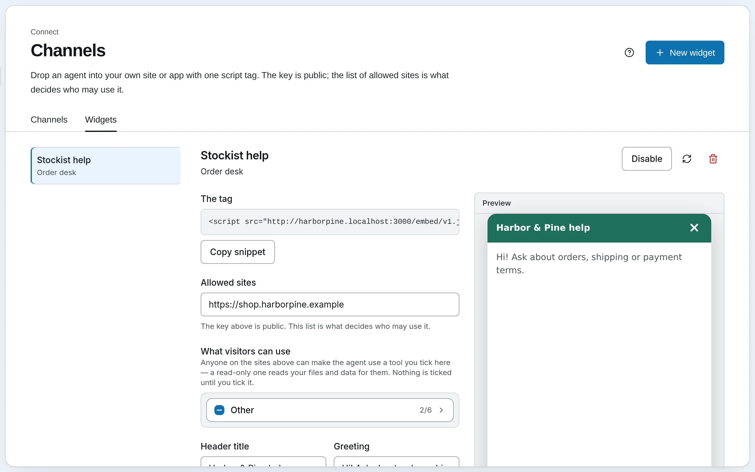The Widgets tab of Channels: the Stockist help widget with the script tag to paste, the one allowed site, what visitors may use, its look, and a live preview.