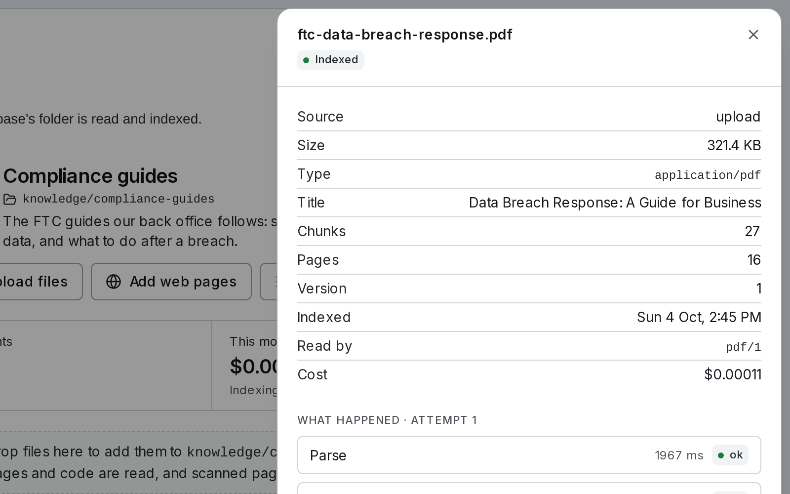 The report for one document: how it was read, how many passages it became, and what indexing it cost.
