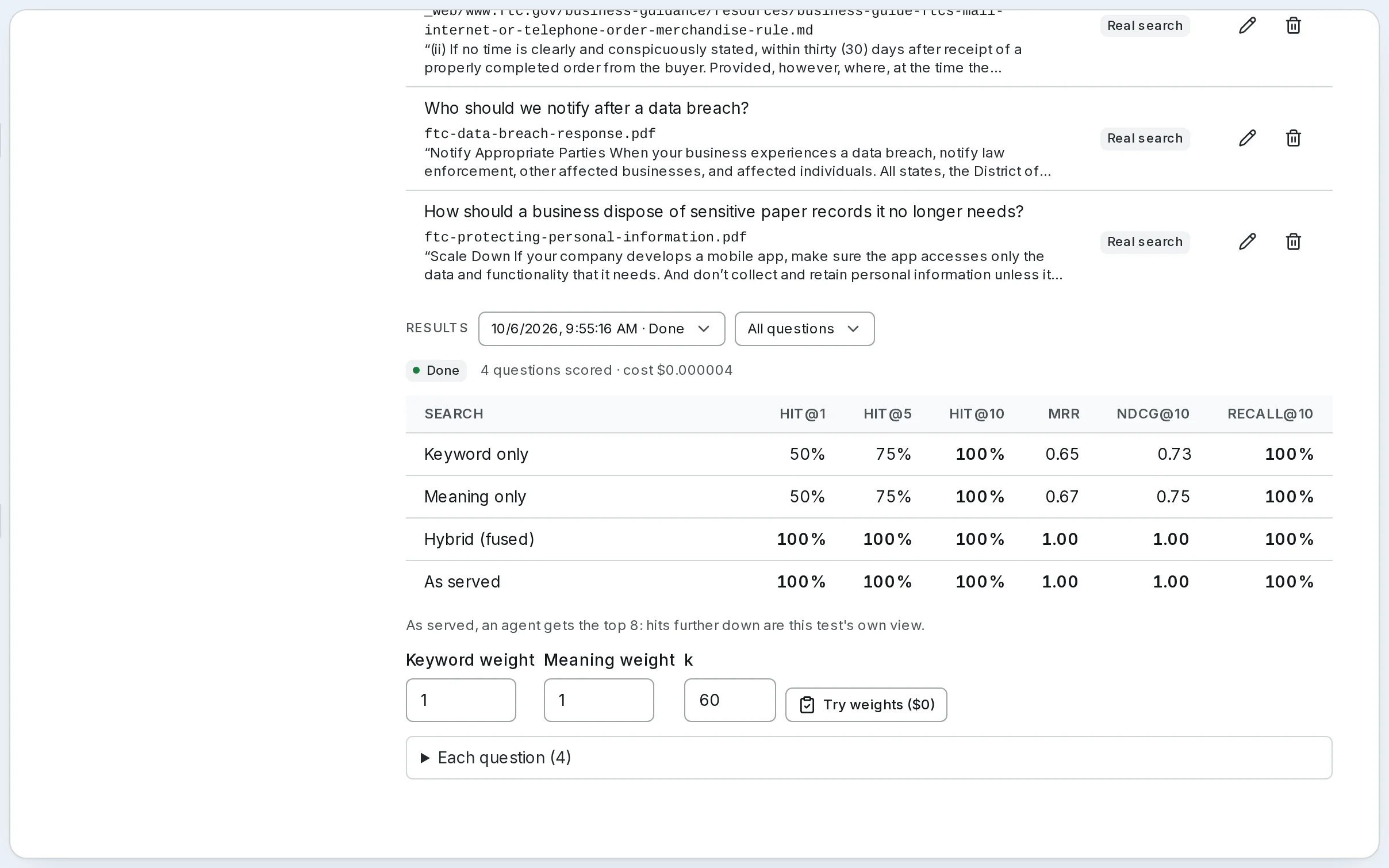 The results of a Stockist questions run, under its questions: each ranking's hit rates, MRR, nDCG and recall, with the best in each column in bold.