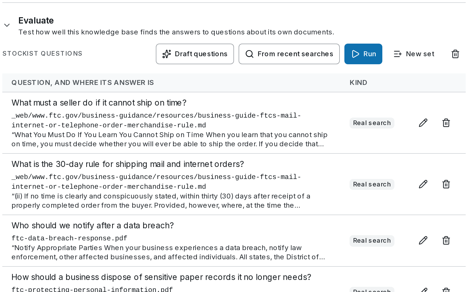 The Evaluate section of Compliance guides: a set of stockist questions and how well the search found each answer.