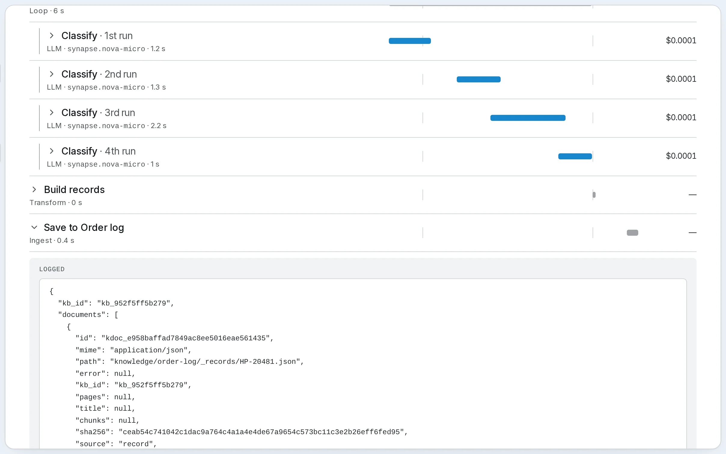 A Log new orders run with Save to Order log opened: its output lists each record it filed in the Order log, still queued for indexing when the step ended.