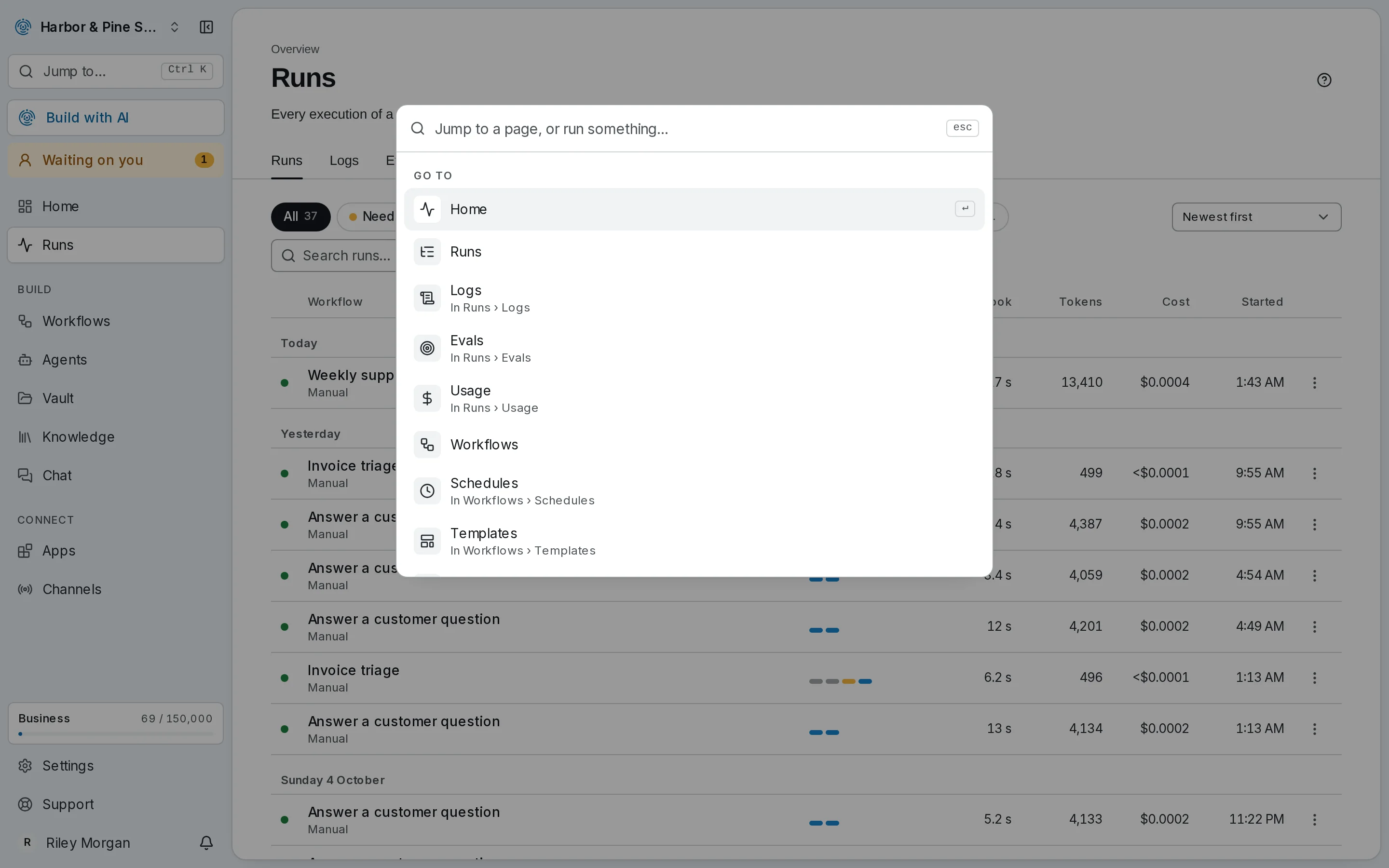 The menu down the left (Home, Runs, then Build and Connect), with Jump to open over the page: every page and tab by name.