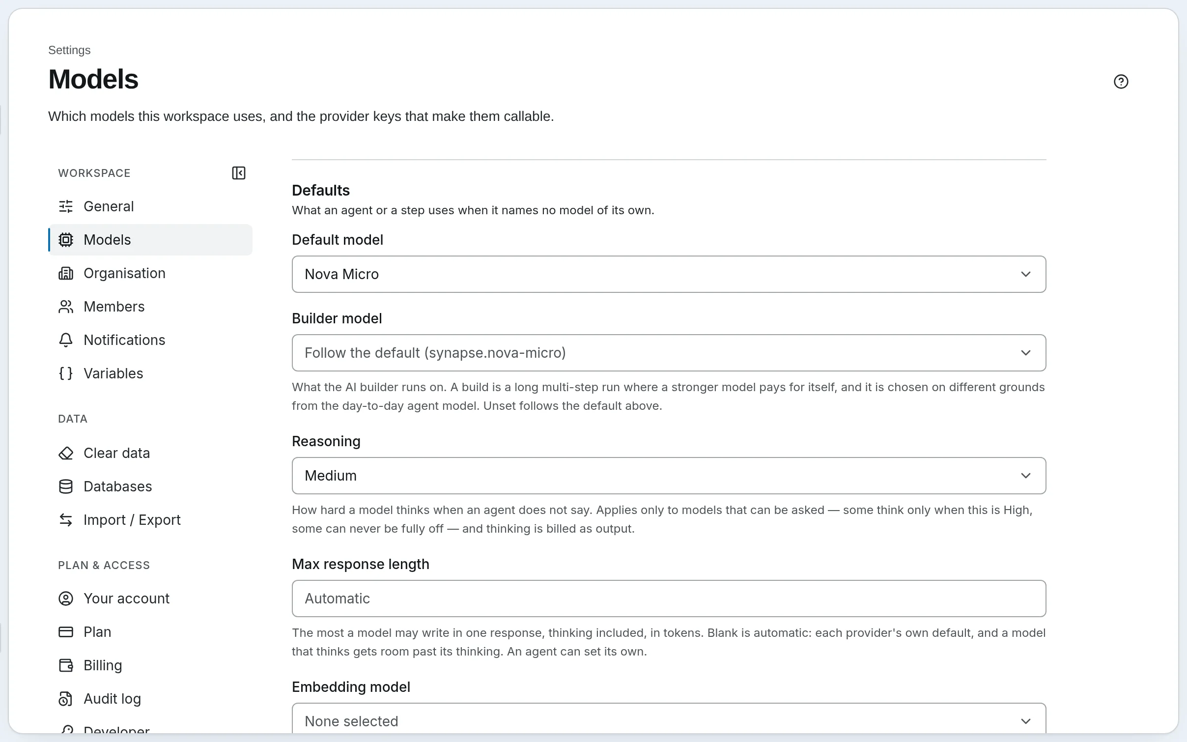 Settings, Models: the workspace's default model, the platform models, and your own provider keys.