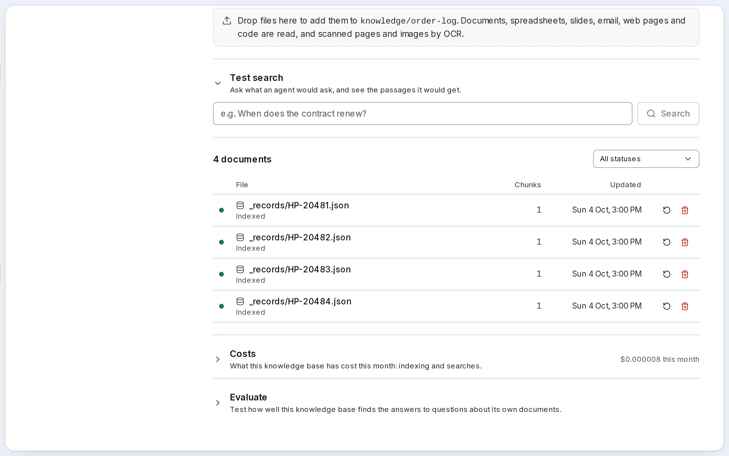 The Order log knowledge base: Test search, then the four orders Log new orders filed, from _records/HP-20481.json to HP-20484.json, each Indexed.
