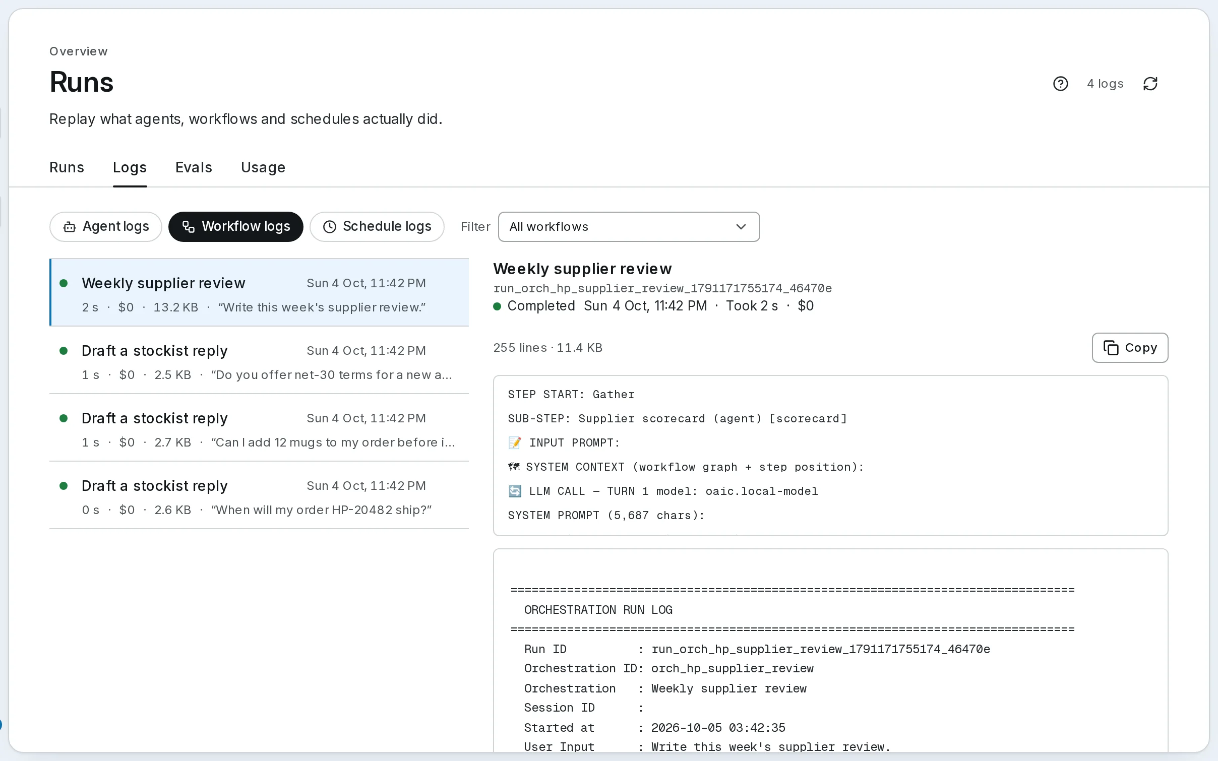 The Logs tab of Runs in self-hosted Synapse, showing Workflow logs: the newest run's log open beside the list, with agent and schedule logs a filter apart.