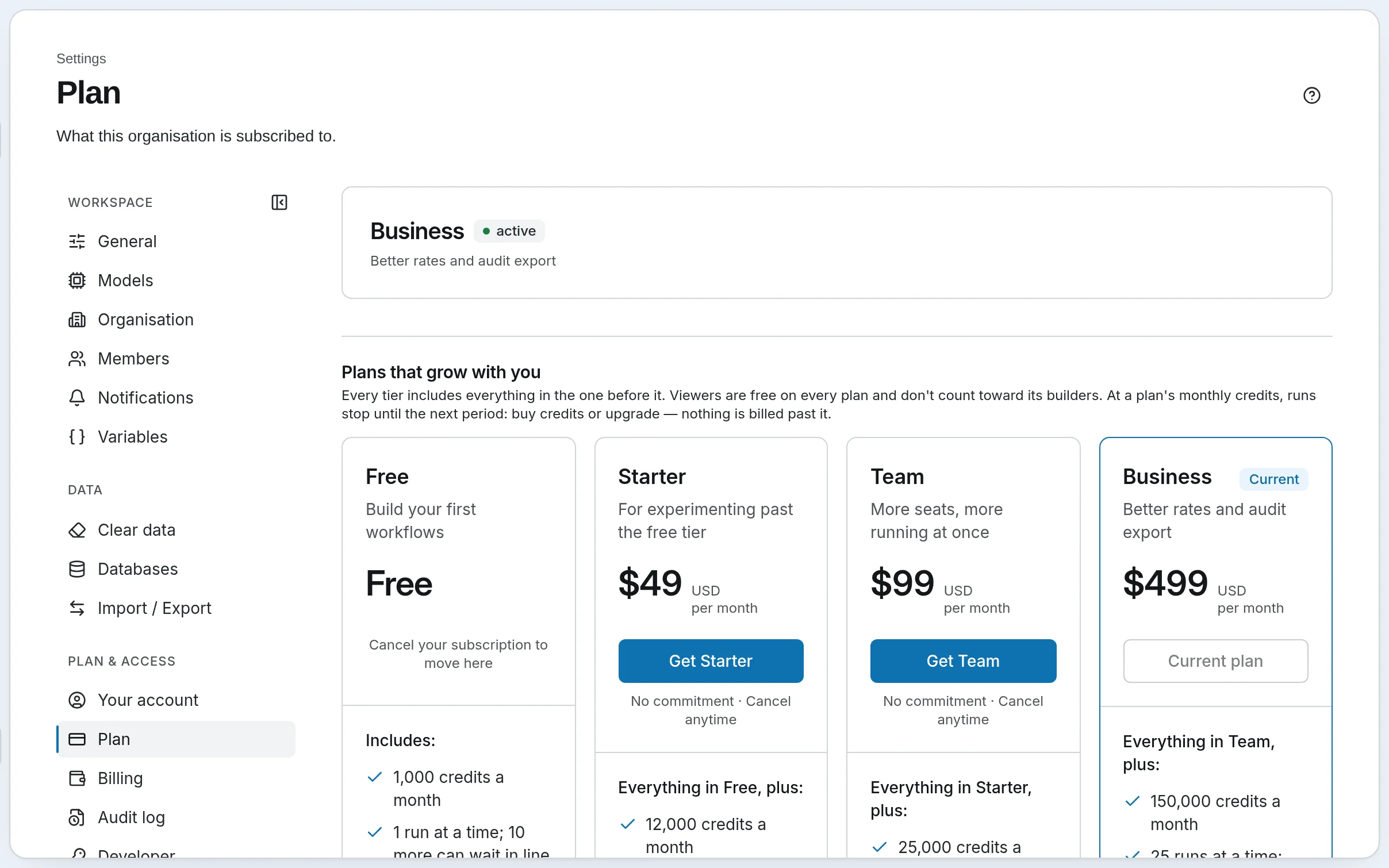 Settings, Plan: the workspace is on Business, with this month's credits and the other plans.