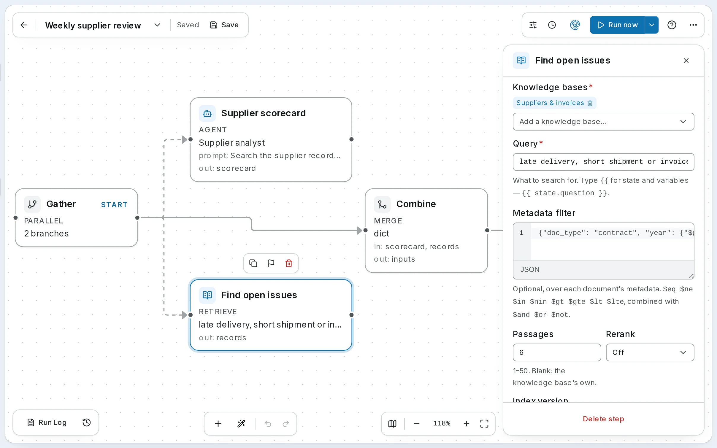 The Find open issues step (Retrieve) selected in Weekly supplier review: it searches Suppliers & invoices for late delivery, short shipment or invoice dispute, and writes what it finds to records.