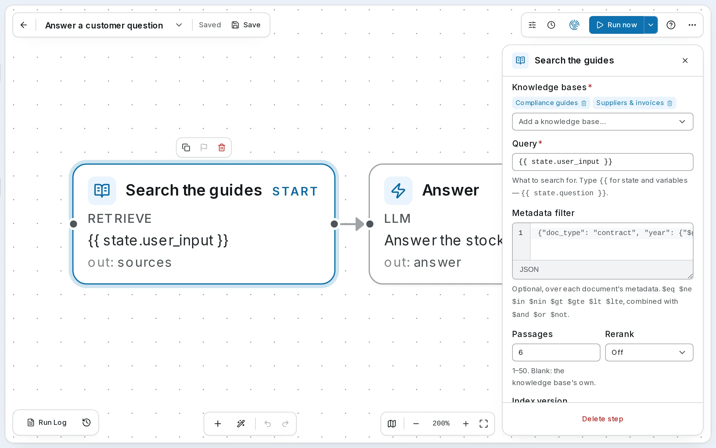 The Search the guides step (Retrieve) selected in Answer a customer question: the knowledge bases it searches, a query taken from the run's input, a metadata filter, and how many passages it returns.