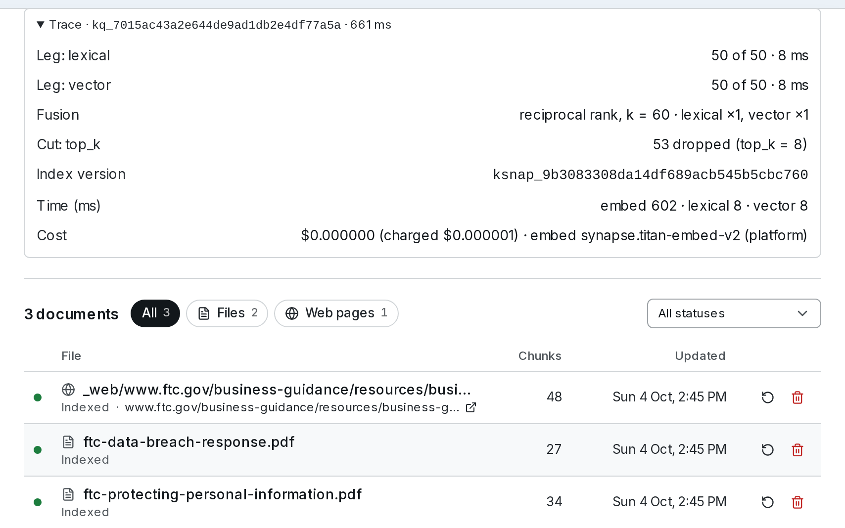 The trace of that test search: how many passages each leg returned, the fusion, the cut, which version of the index answered, the time each part took, and what the search cost.