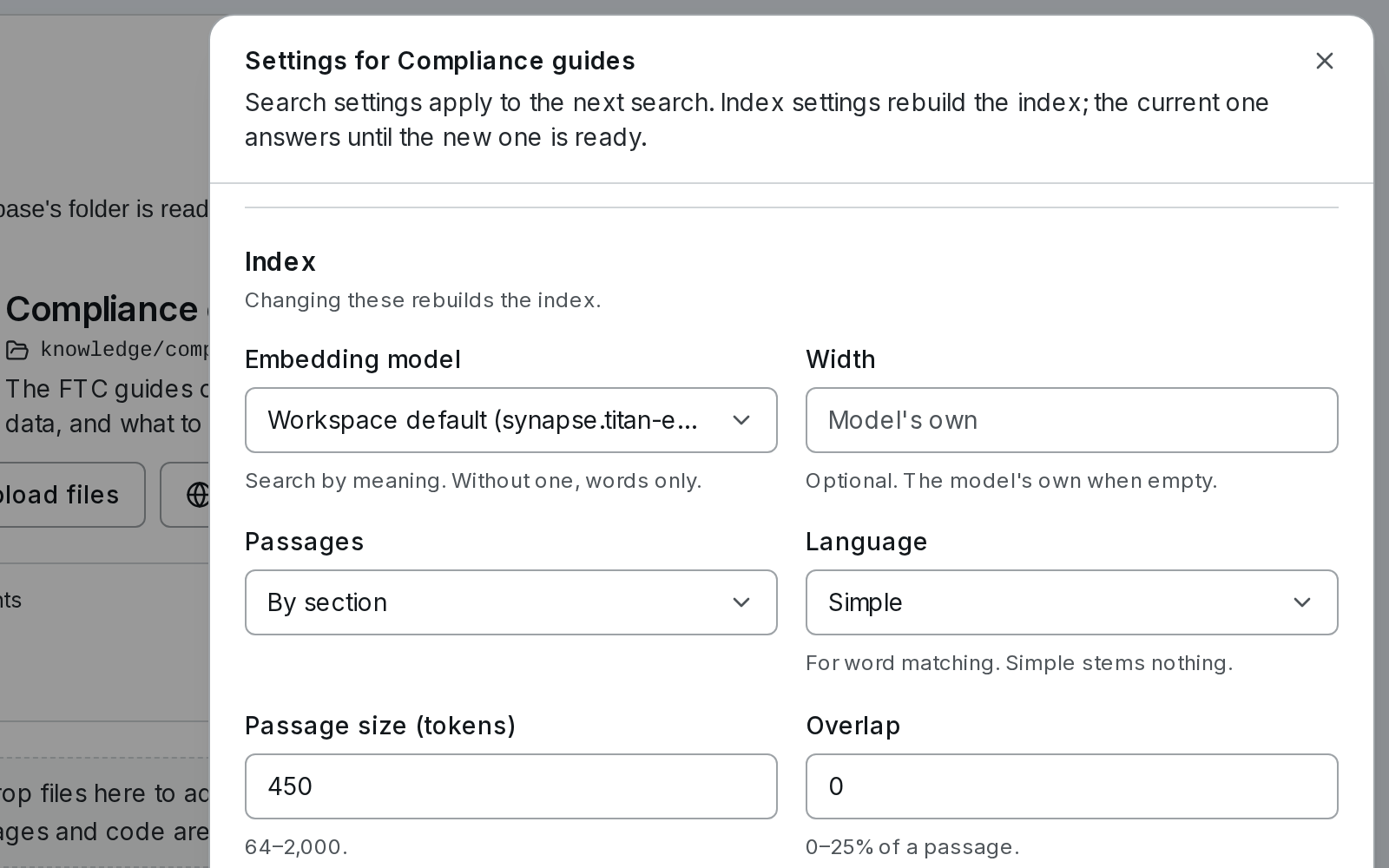 The Index settings of Compliance guides: the embedding model, the workspace default, and its width, passages cut by section, and Simple as the language for keyword matching.