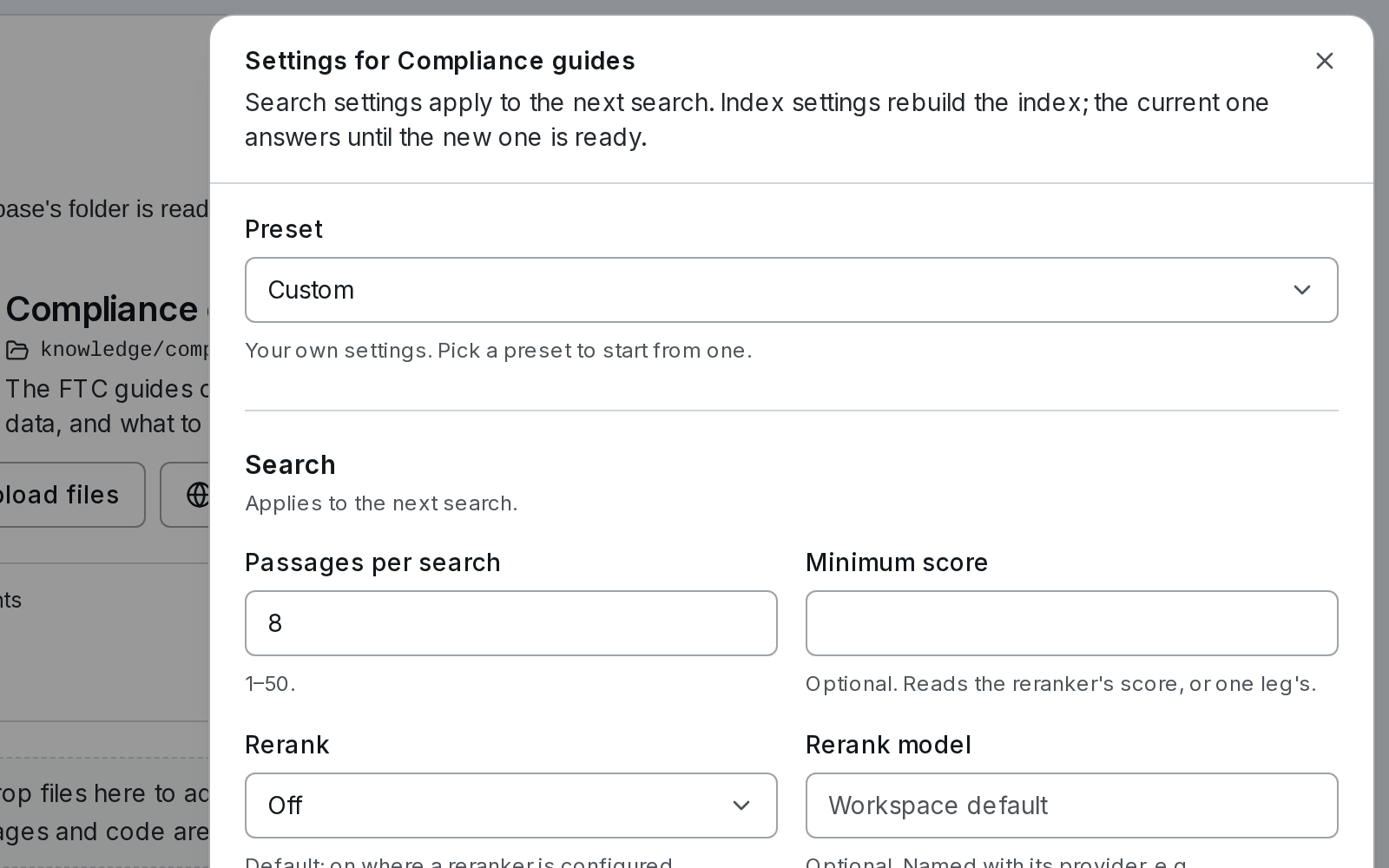 The settings drawer for Compliance guides: passages per search, rerank, context limit, and the index's embedding model and passage size.