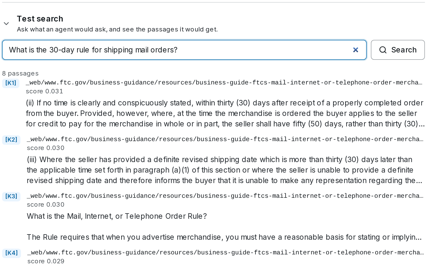 Test search on Compliance guides, showing the passages an agent would get for a question about the 30-day shipping rule.