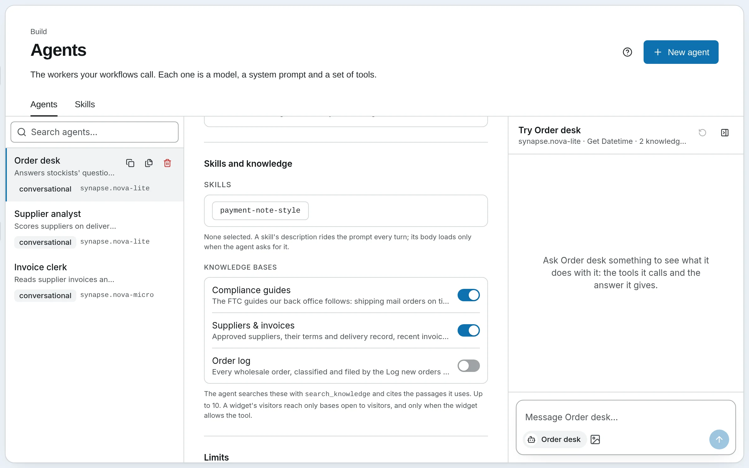 The Order desk agent open in the editor: its model, its instructions, its tools and the two knowledge bases it answers from.