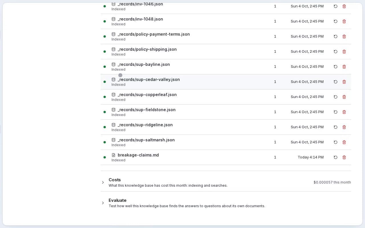 Uploading a policy document to Suppliers & invoices; it is read and indexed, ready for agents to search.