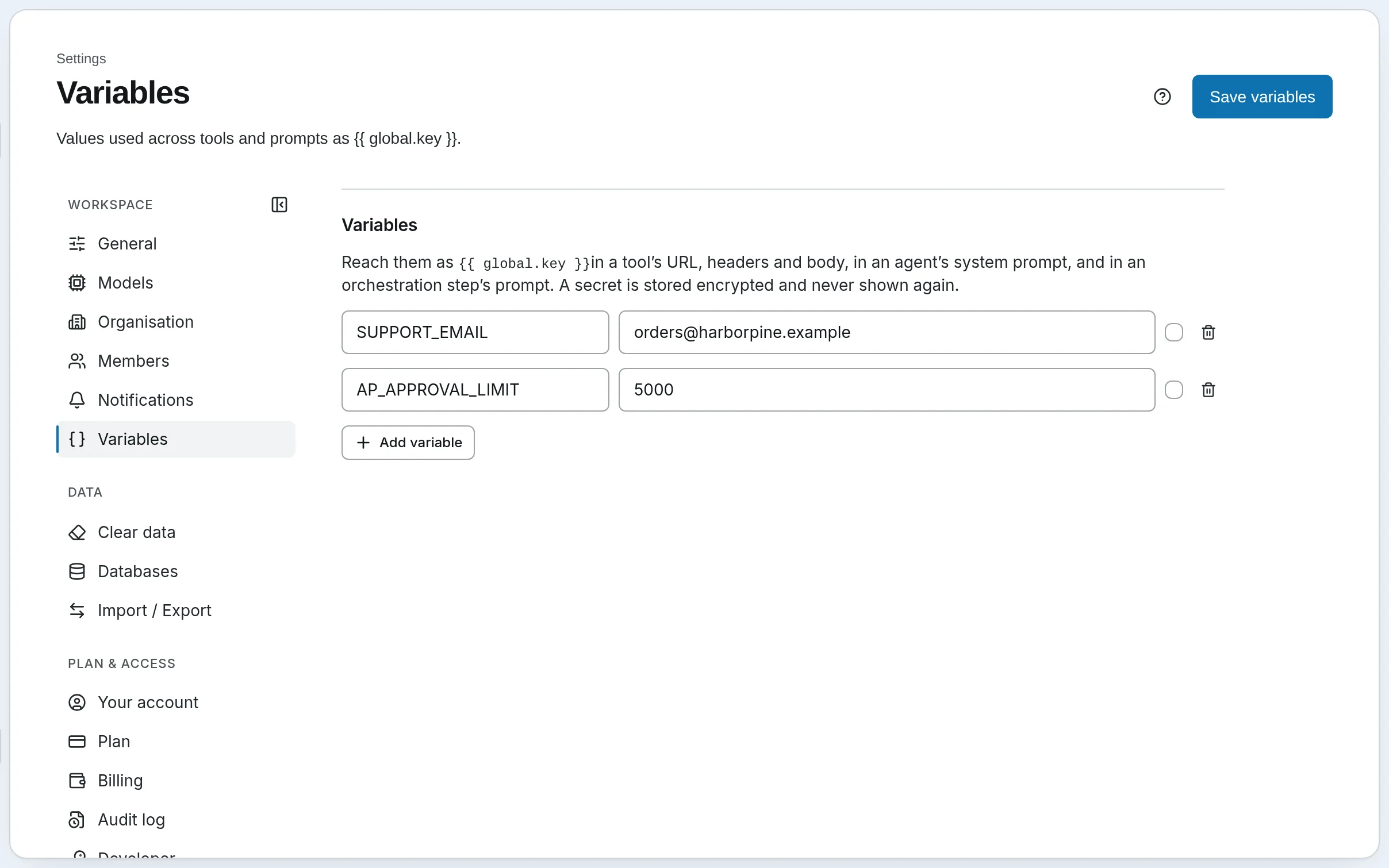 Settings, Variables: AP_APPROVAL_LIMIT and SUPPORT_EMAIL, values tools and steps can read.