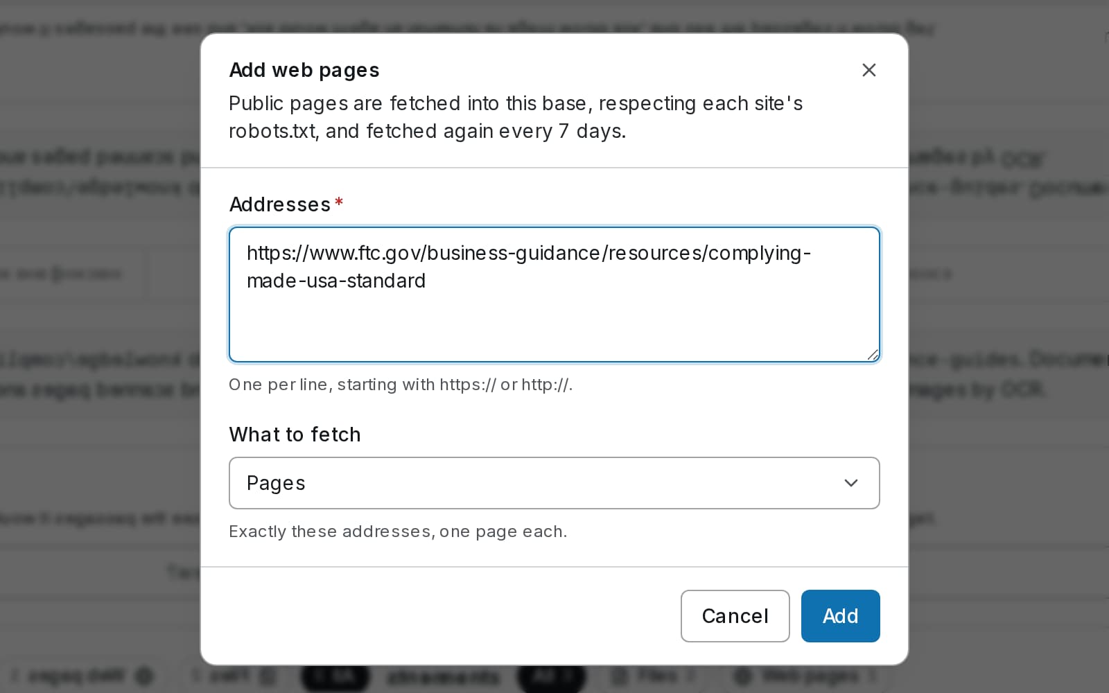 The Add web pages dialog with an FTC guidance page entered, choosing whether to fetch one page, a sitemap or a whole site.