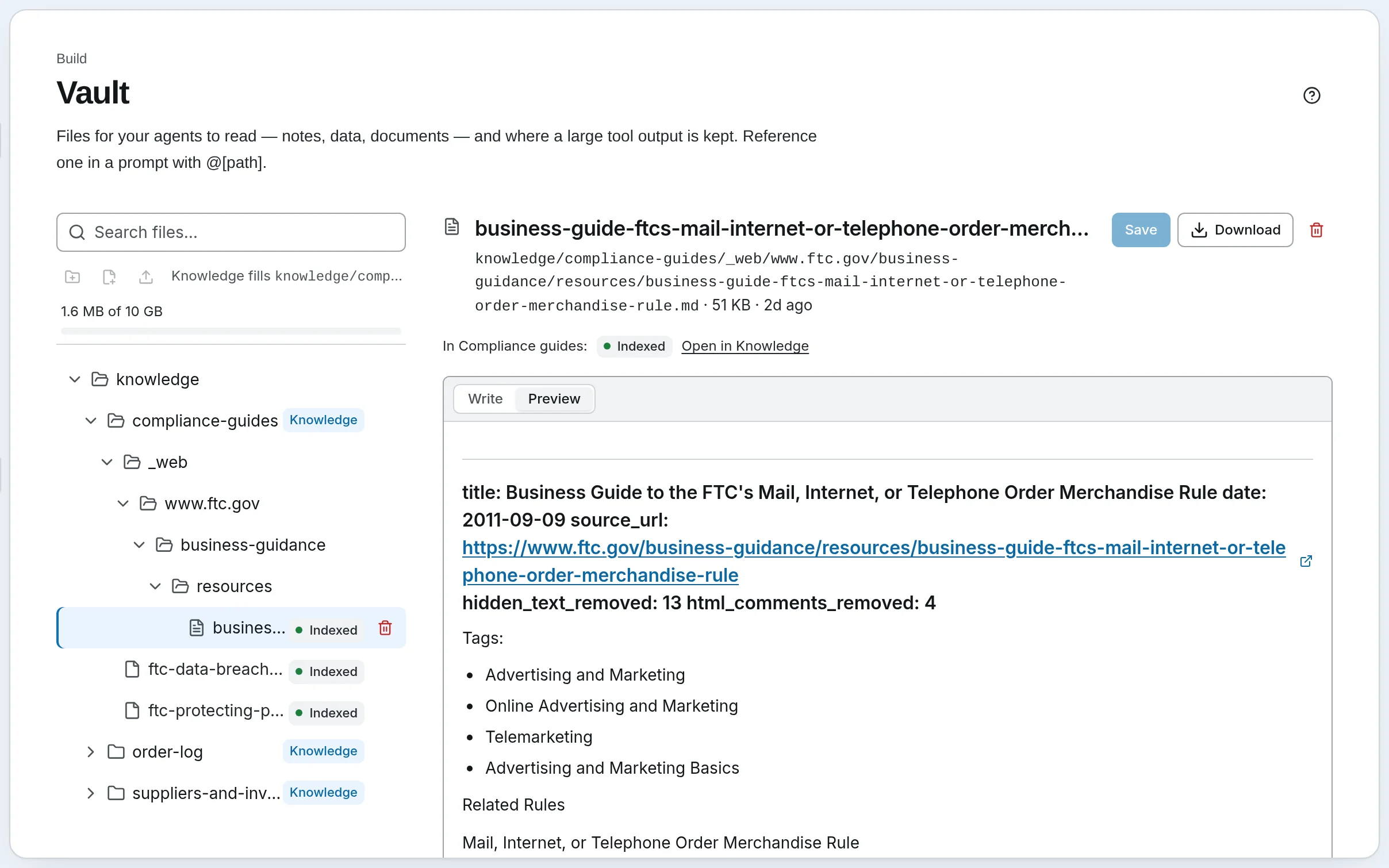 The Vault with the compliance guides folder open and the fetched FTC web page read beside it, Indexed in Compliance guides.