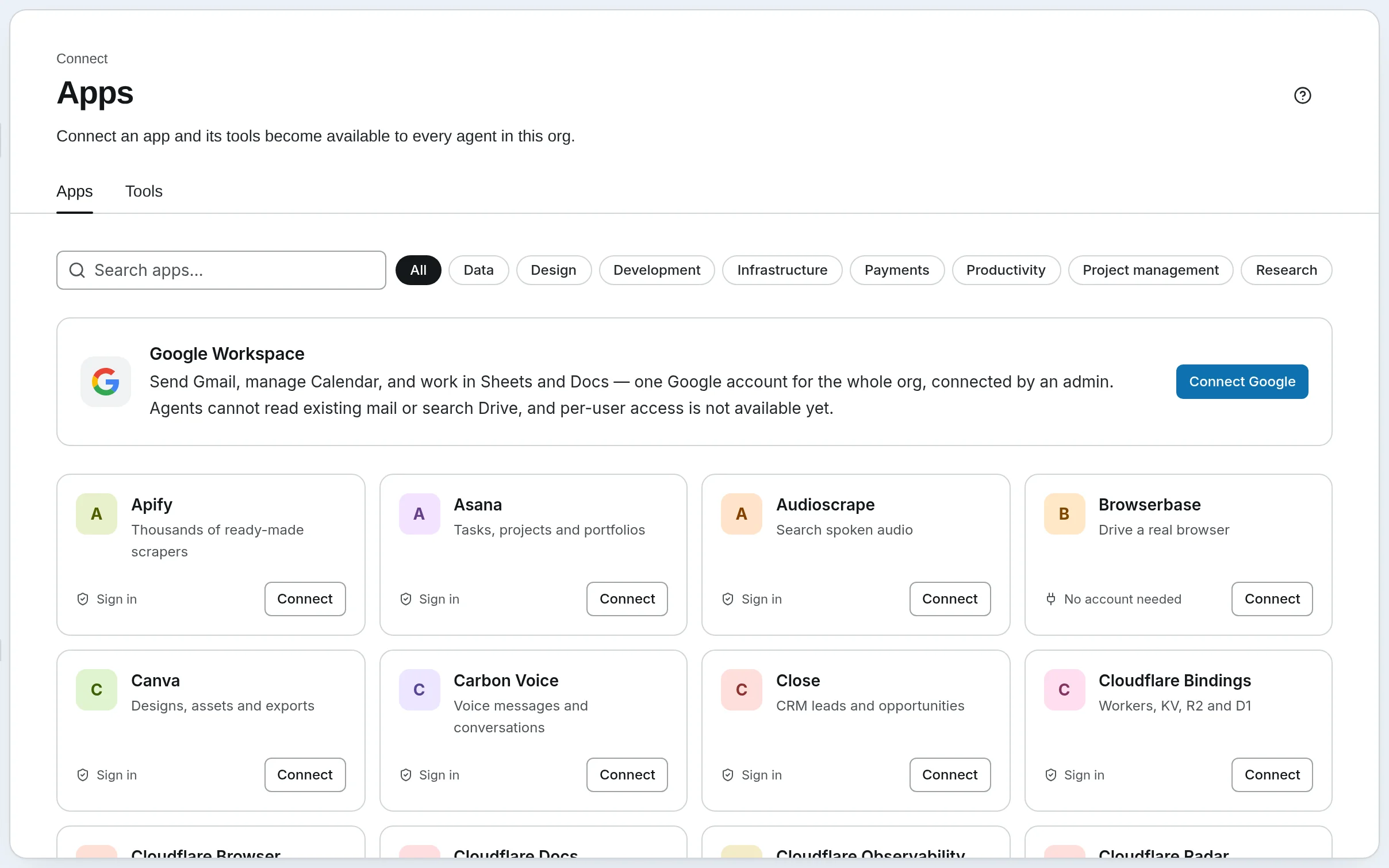 The Apps page: the directory of apps an agent can connect to, Google Workspace first, filtered by category. Tools is a tab beside it.