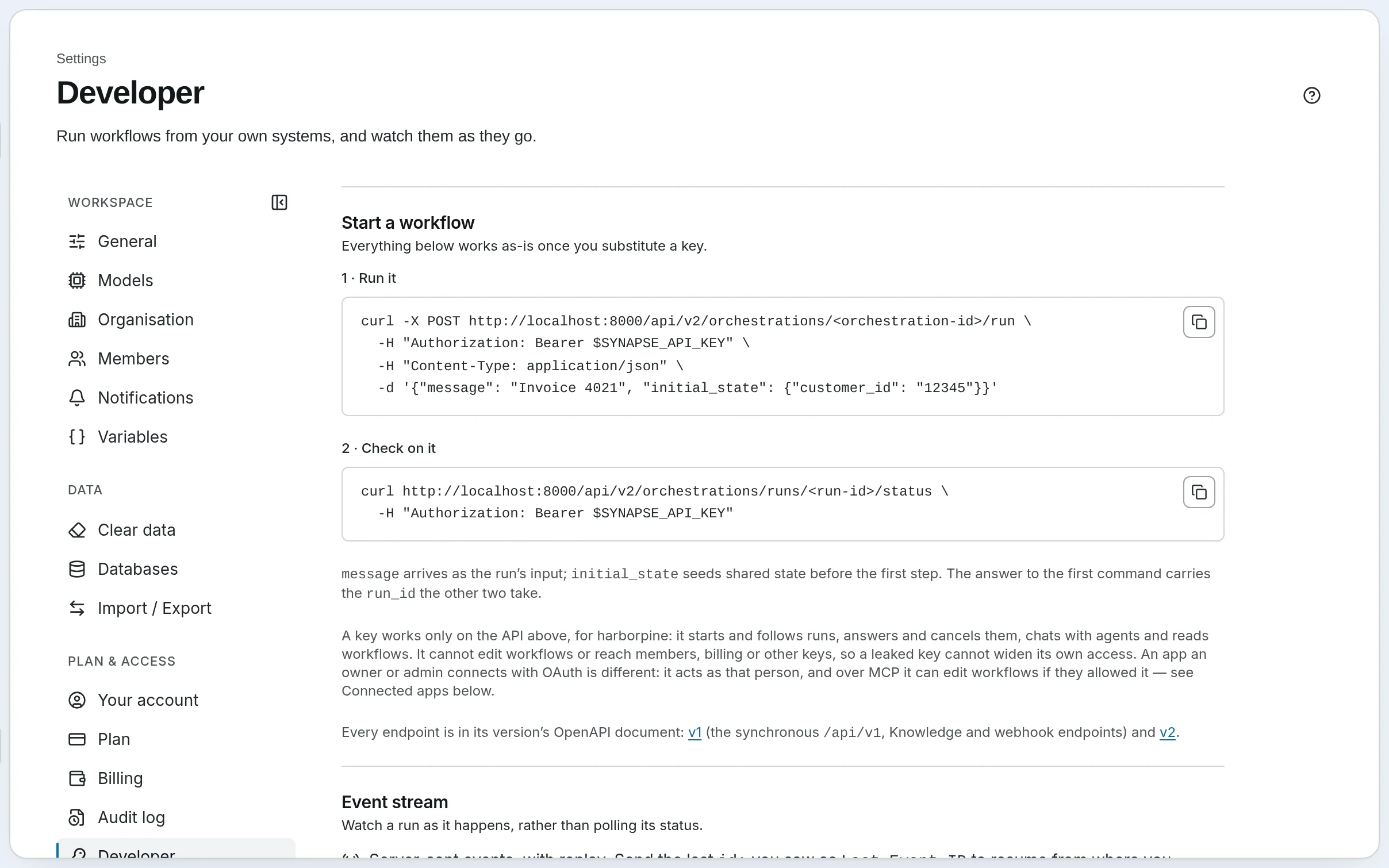 Settings, Developer: starting a workflow from your own code, API keys including Storefront sync, and connected apps.