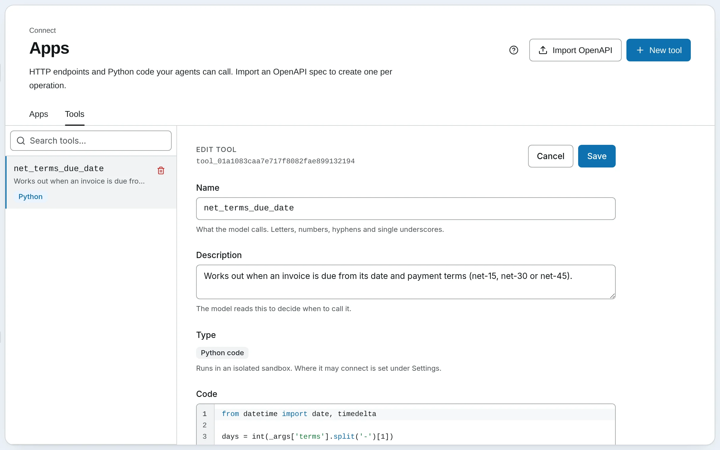 The Tools tab of Apps with net_terms_due_date open, a Python tool that works out when an invoice is due.