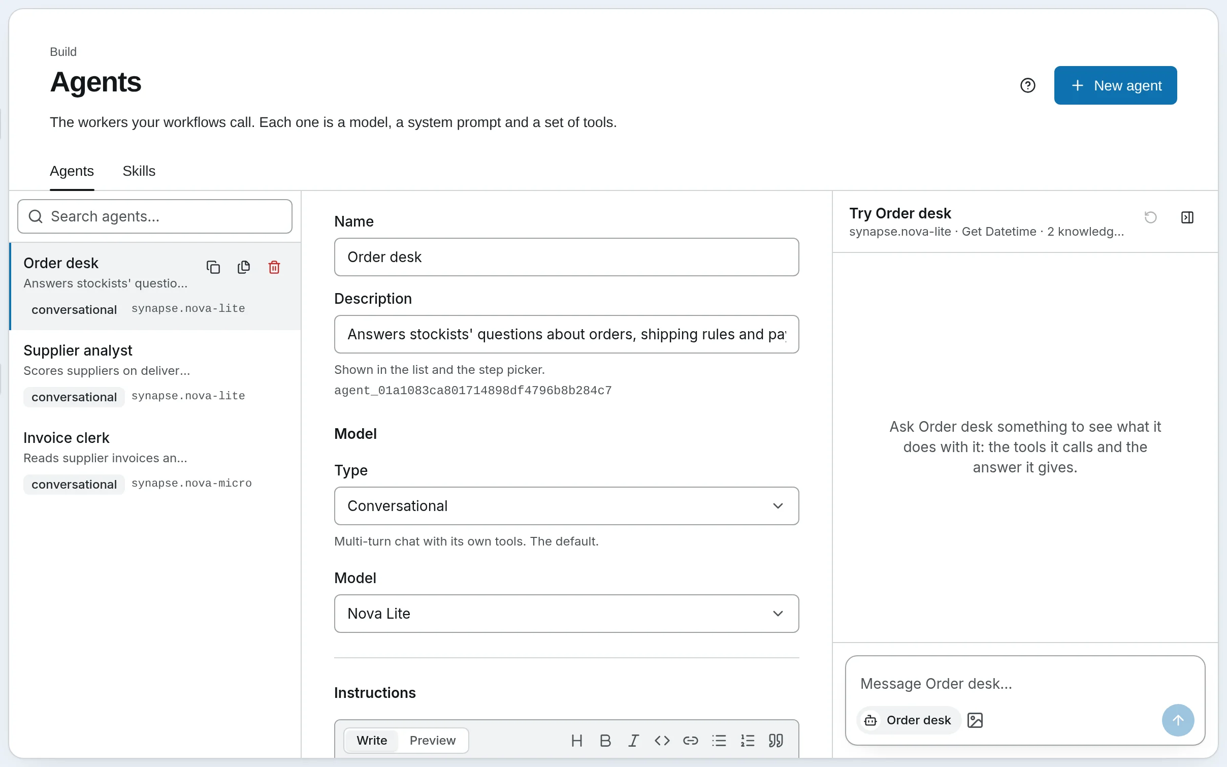 The Agents page: Order desk, Supplier analyst and Invoice clerk, each with its type and model; the first is open beside the list, with Try Order desk to test it. Skills is a tab beside it.