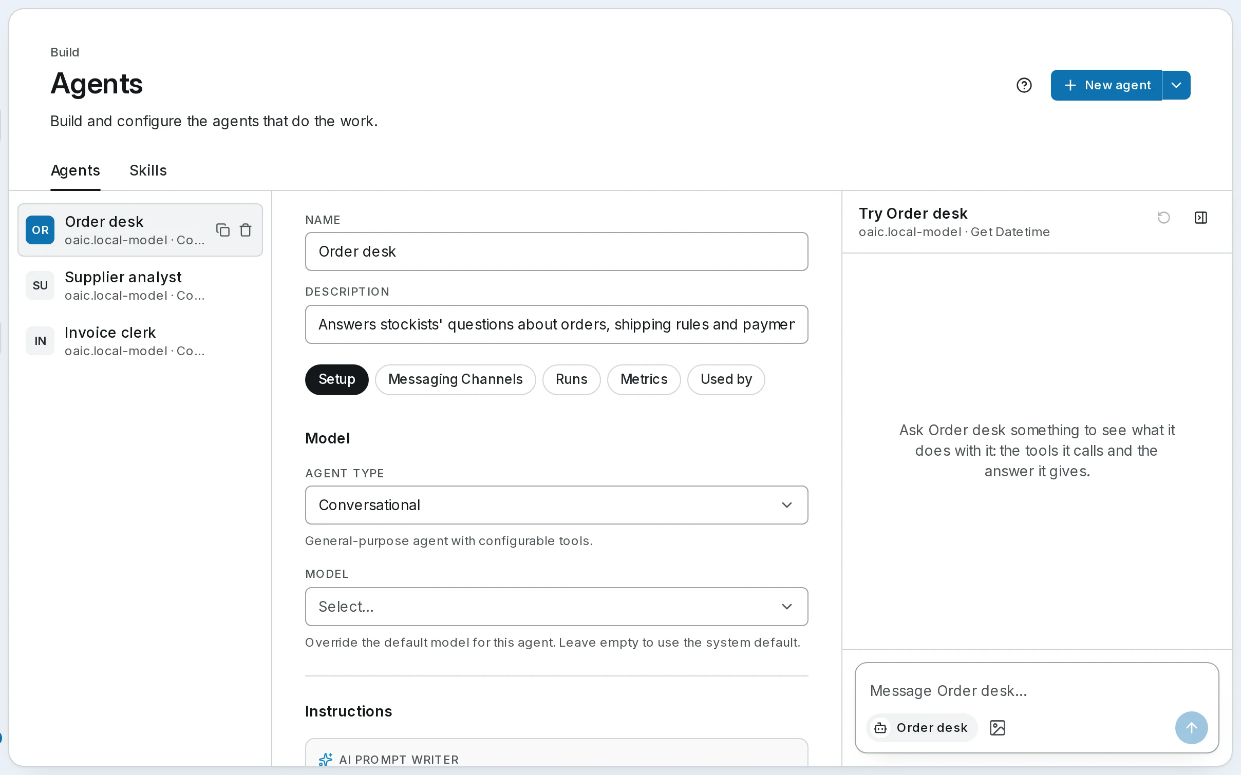 An agent open in self-hosted Synapse: its name and description, its Setup, Messaging Channels, Runs, Metrics and Used by tabs, its model, and Try Order desk beside it.
