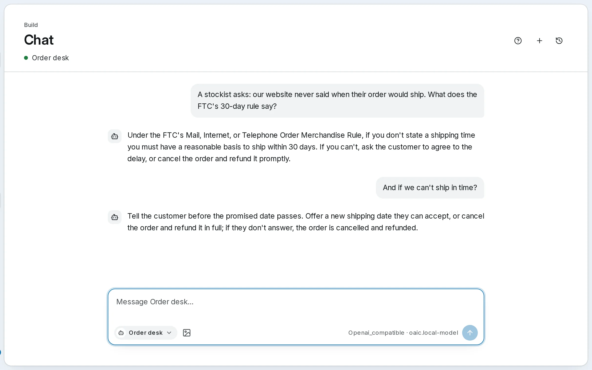 Self-hosted Synapse opens on Chat: a conversation with the Order desk agent, whose name sits at the foot of the message box.