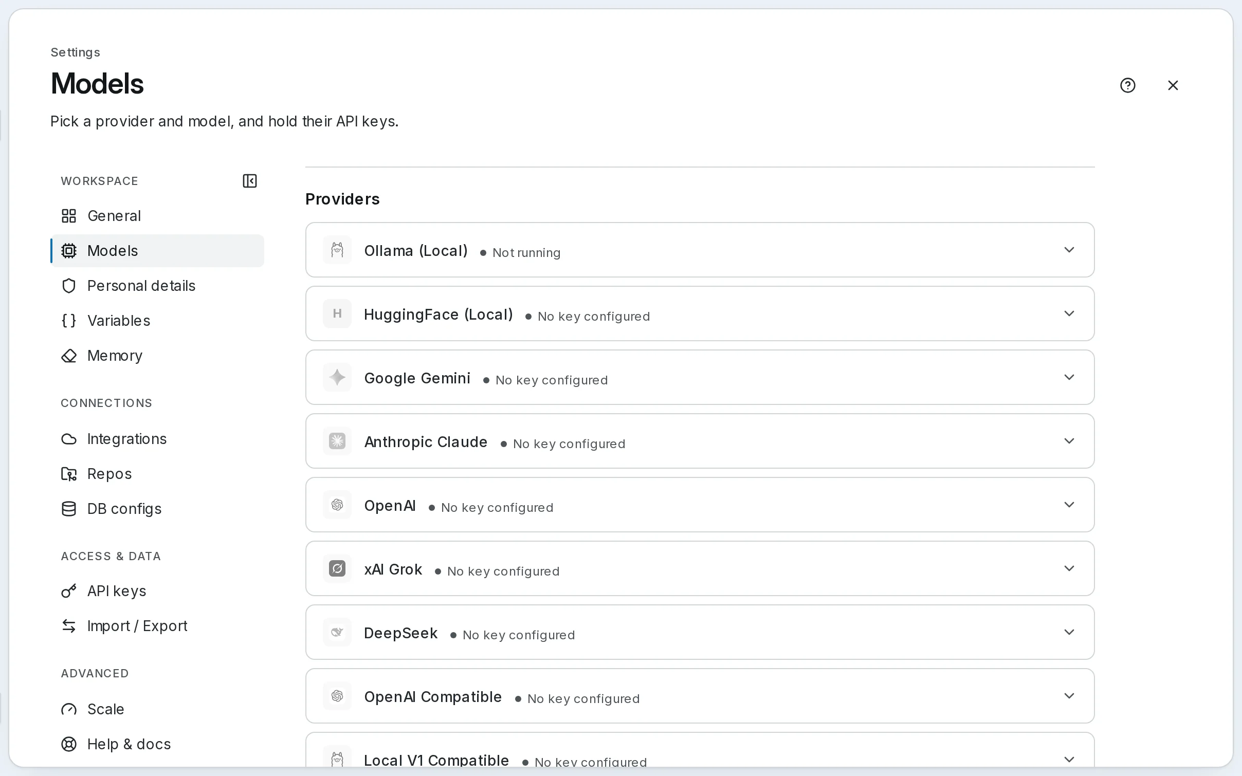 Settings, Models on a new self-hosted install: each provider with no key configured yet, and Ollama not running.