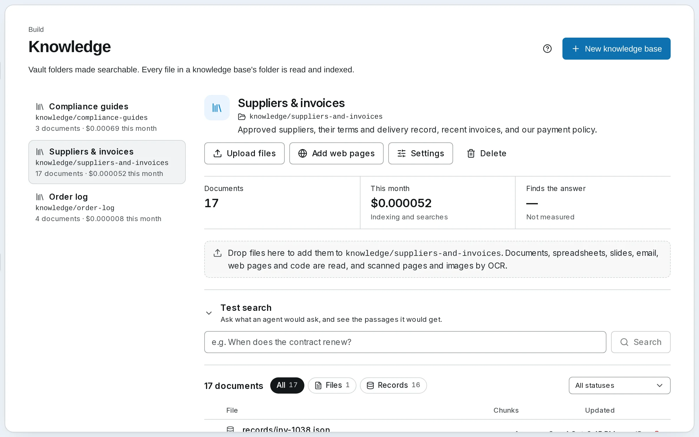 The Suppliers & invoices knowledge base: 17 documents, records for each supplier, invoice and policy, filed through the API and indexed like documents.